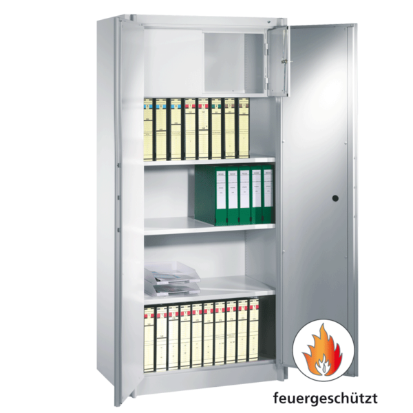 Feuergesch&uuml;tzter Fl&uuml;gelt&uuml;renschrank, 4 Ordnerh&ouml;hen und Wertfach